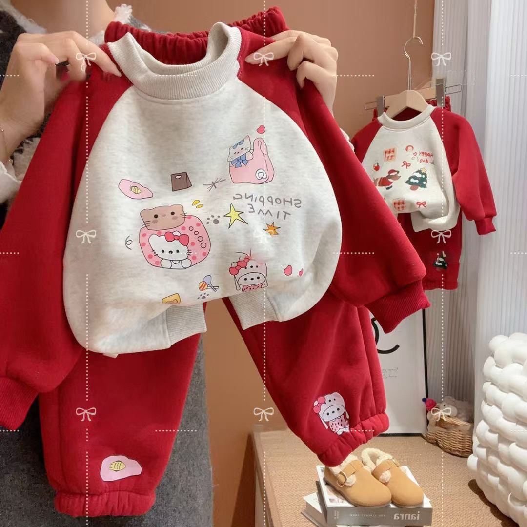 新年款2025男童女童加厚加绒套装卡通印花儿童卫衣卫裤套装
