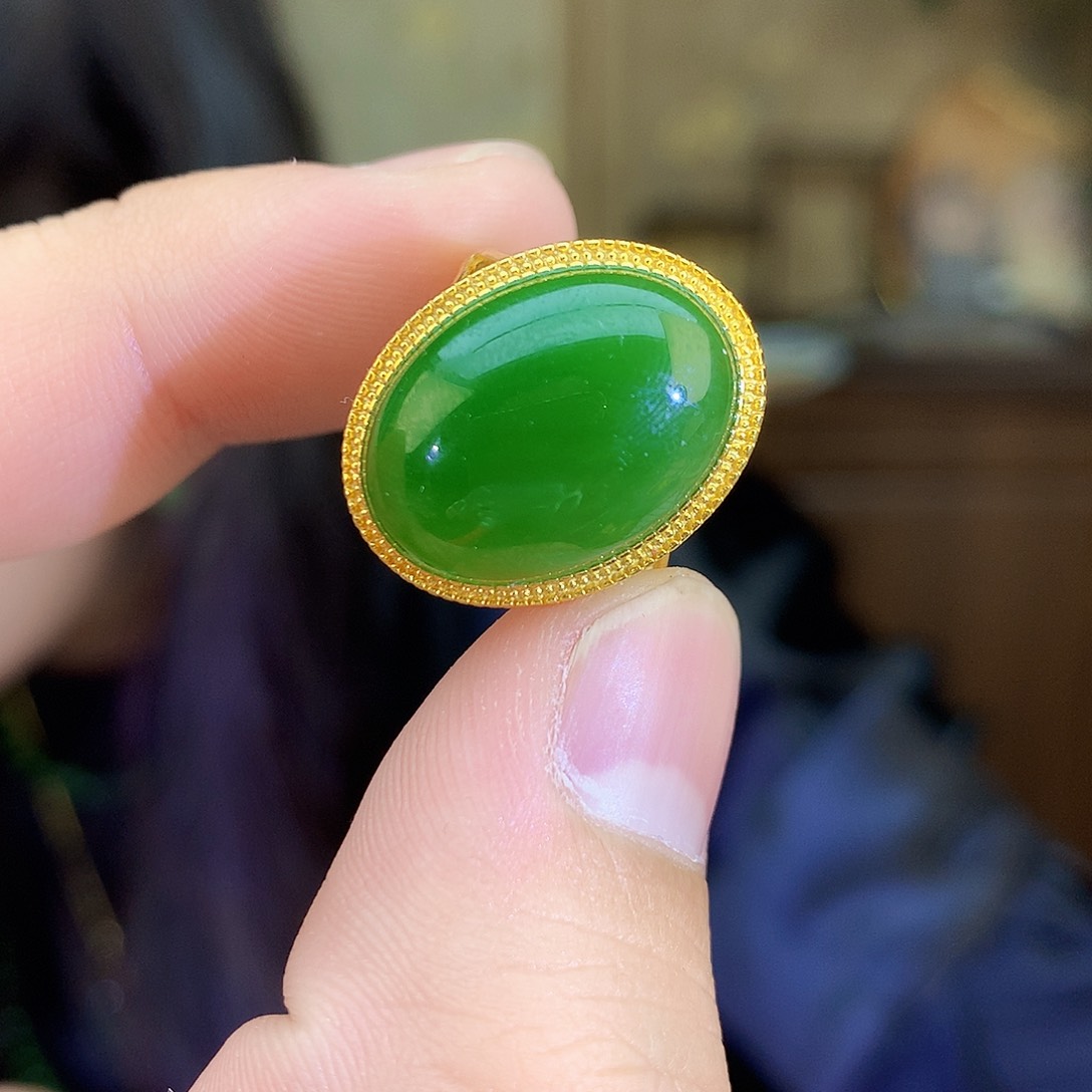 吊坠(不含链)银S925镶嵌和田玉（碧玉）戒指