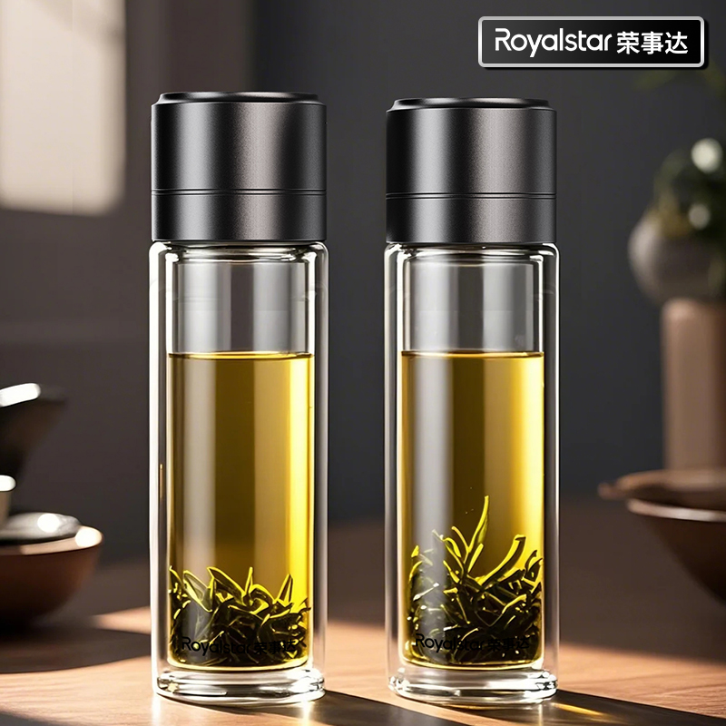 一键开盖双玻璃杯大容量茶水分离泡茶杯子男女士按压速开水杯弹盖