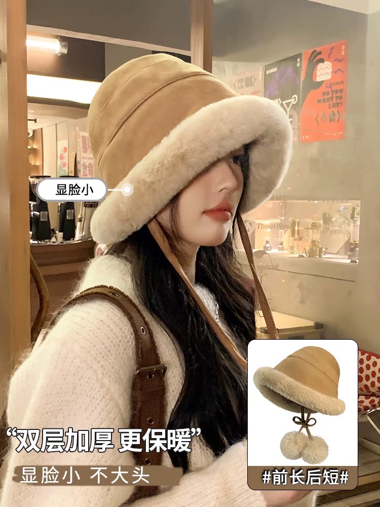 毛绒帽子冬季保暖新款渔夫帽加绒加厚渔夫帽女秋冬护耳防寒盆帽女