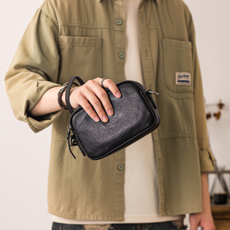 后步原创真皮男士单肩小包头层植鞣牛皮潮牌简约个性斜挎包手拿包