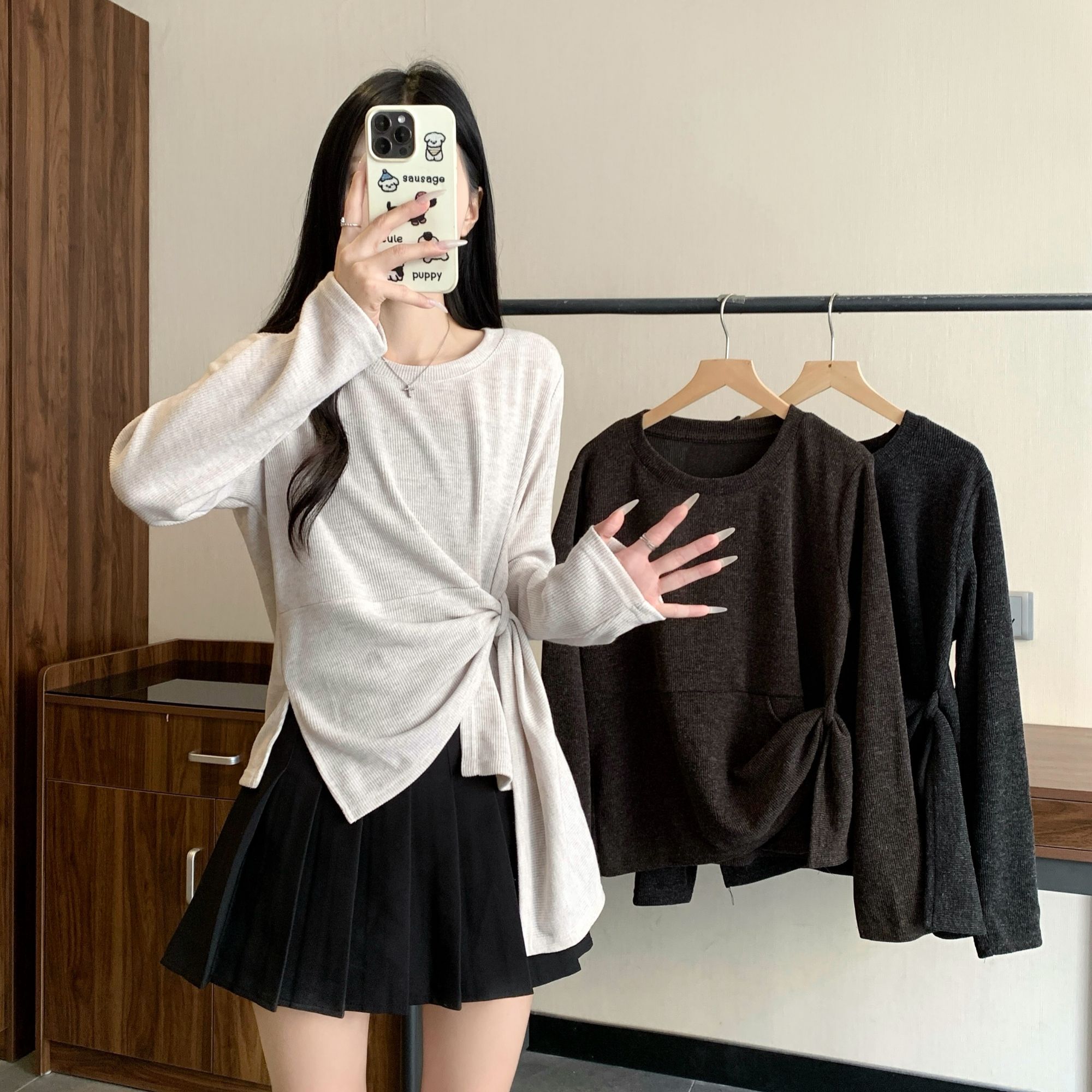 长袖拼接不规则扭结针织衫上衣时尚百搭潮2025年大码女装秋冬新款