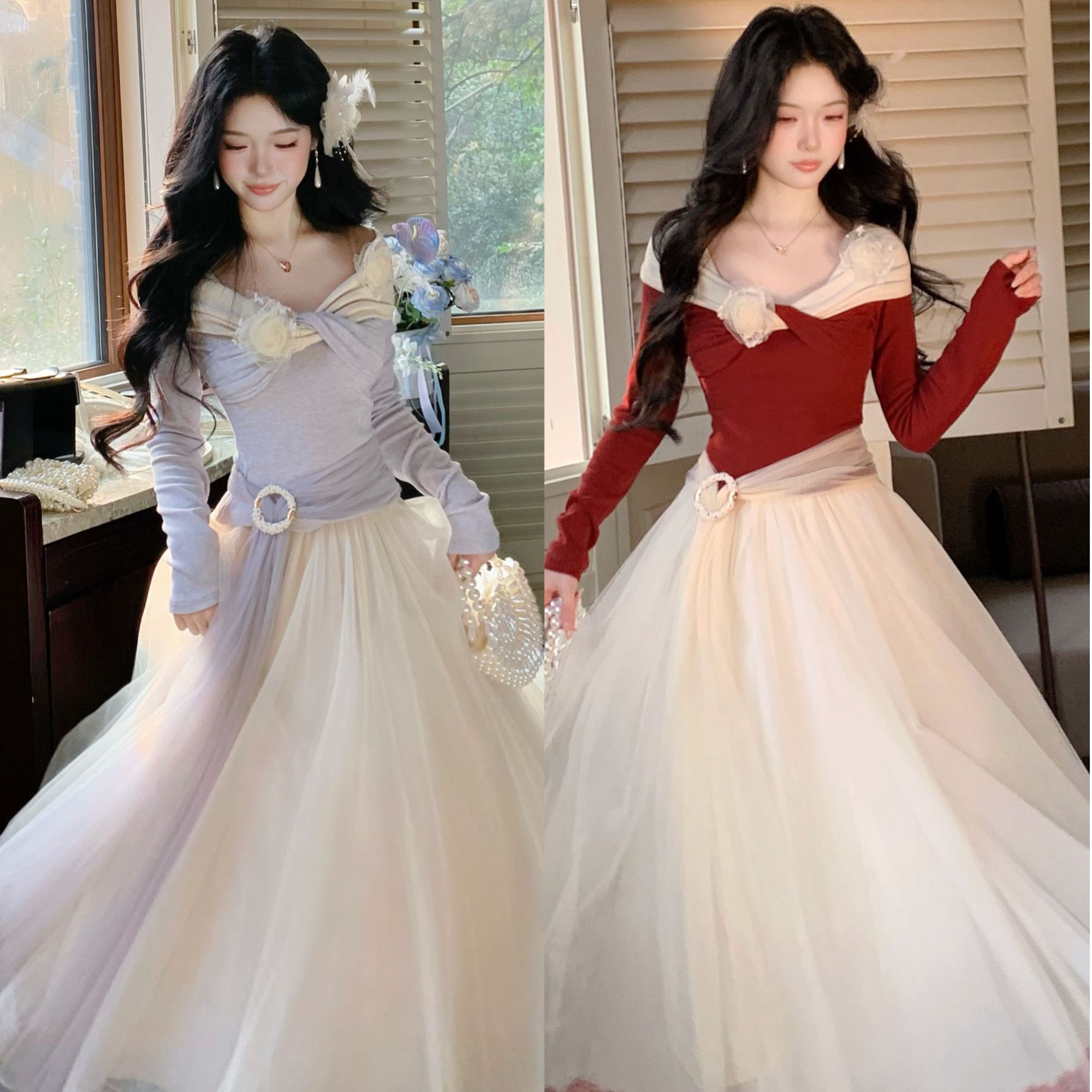 Blovelan千露蔷薇 法式小香风套装绝美针织上衣+优雅气质网纱半裙