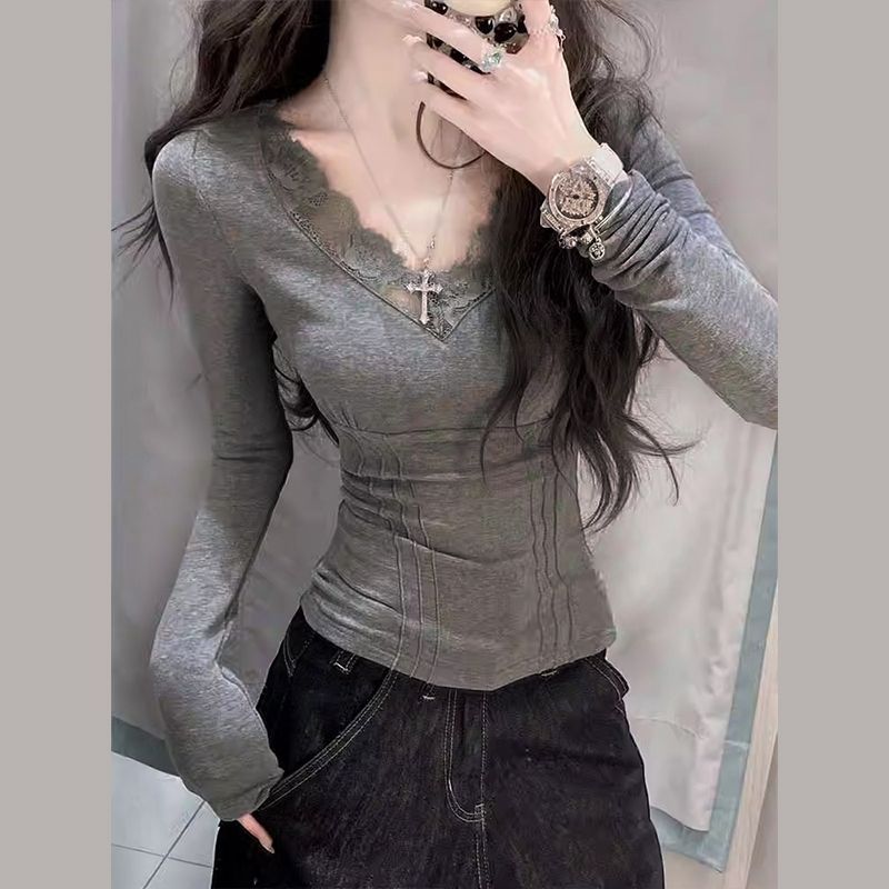 【官图 260克随心裁莫代尔1*1】磨毛纯欲蕾丝拼接v领长袖T恤女