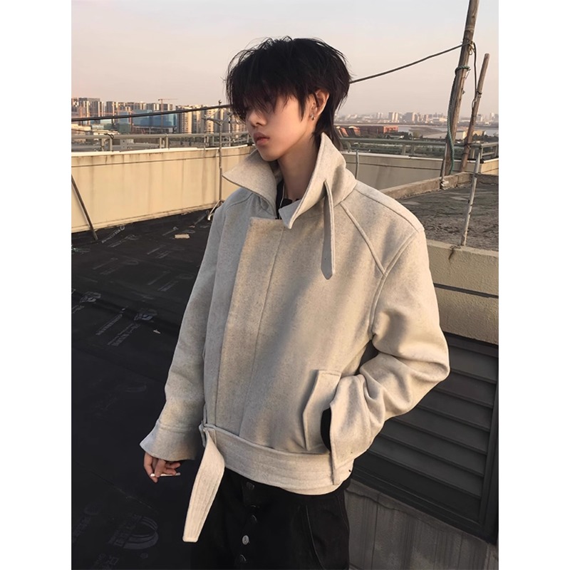 cleanfit毛呢绑带夹克男款秋冬季可切换领型设计美式短款正肩外套