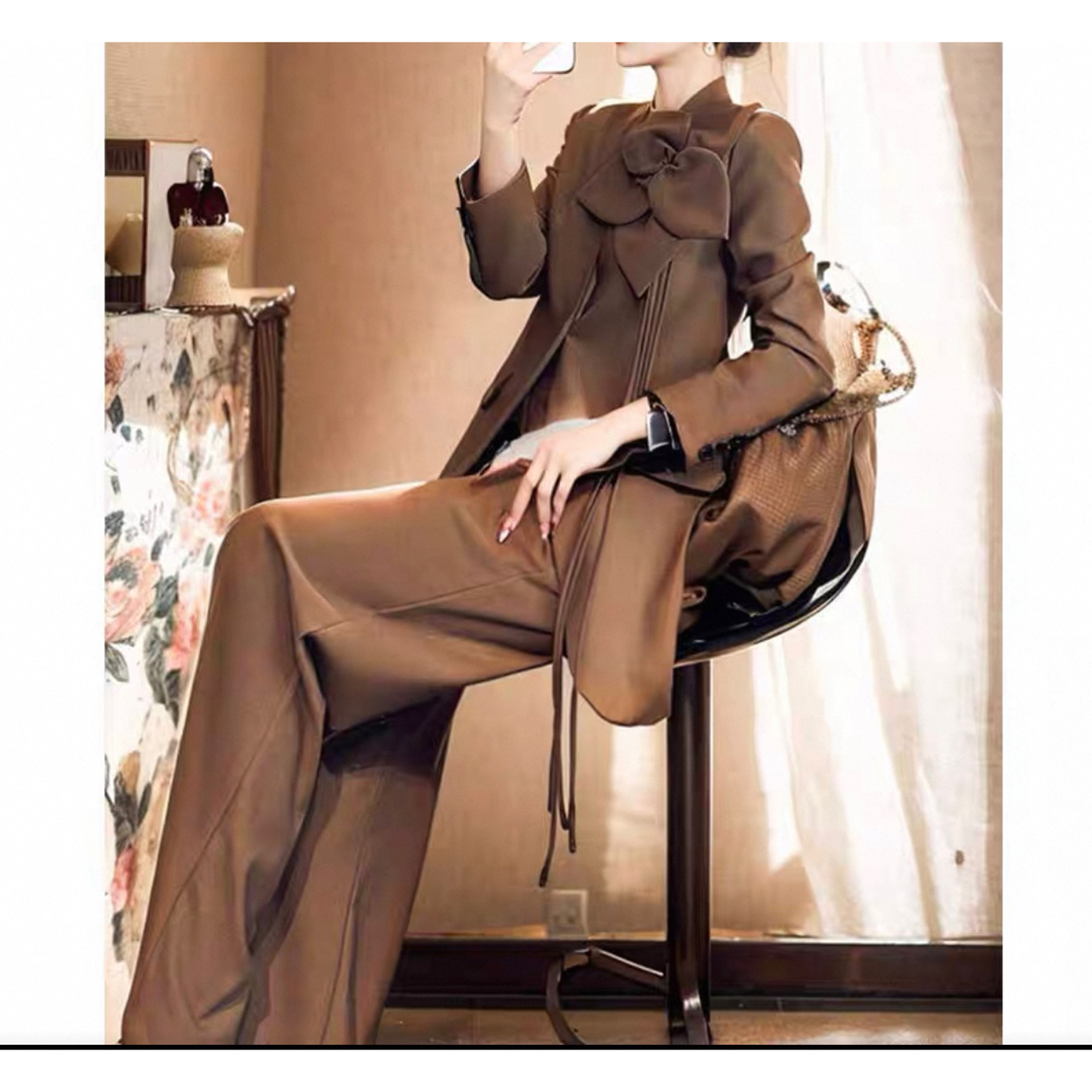 921/秋冬新款立体花朵西装阔腿裤两件套套装