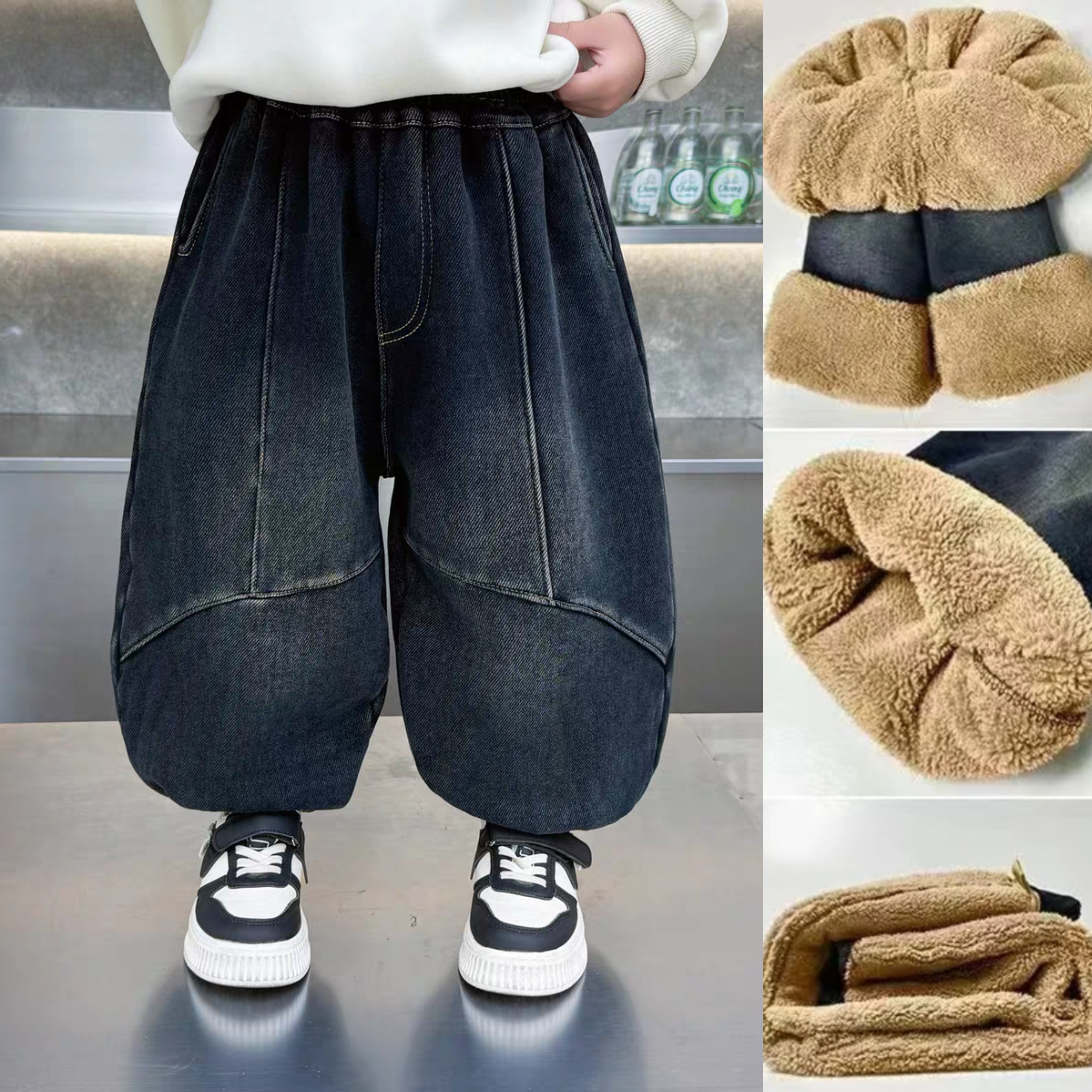 【加厚羊羔绒】男童牛仔裤冬季新款加厚束脚一体绒韩版帅气保暖长裤