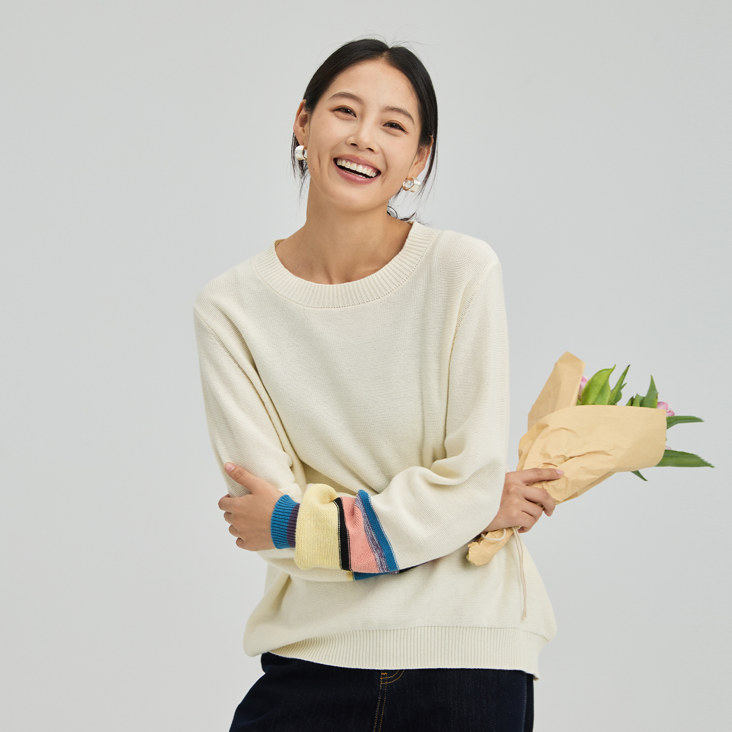 WUSEWUWEI/无色无味【童梦如旧】新款百搭编织撞色条纹圆领套头毛衫