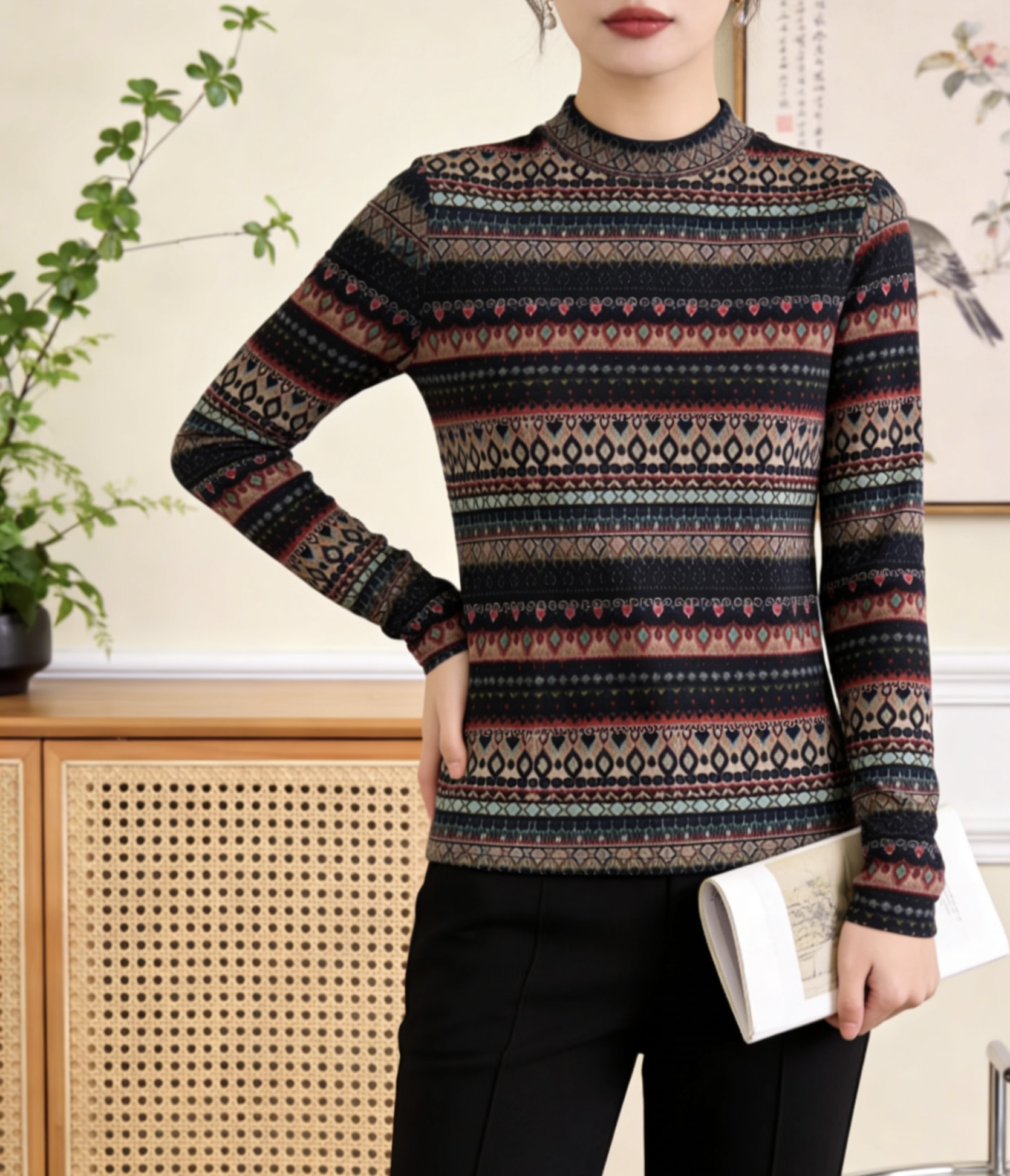 秋冬款洋气半高领印花复古民族风打底衫【费尔岛风格】