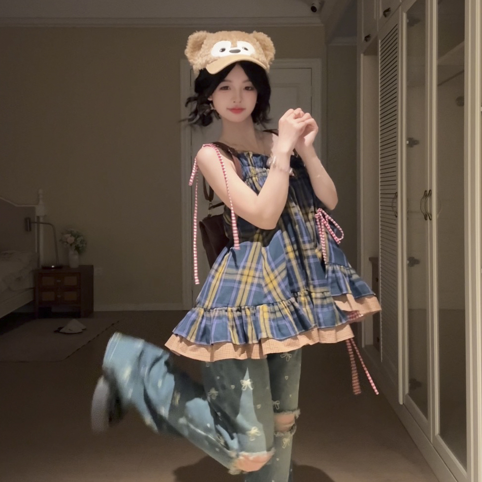 桔梗house 柏林画廊【现货】休闲复古荷叶边吊带甜酷活力感牛仔裤