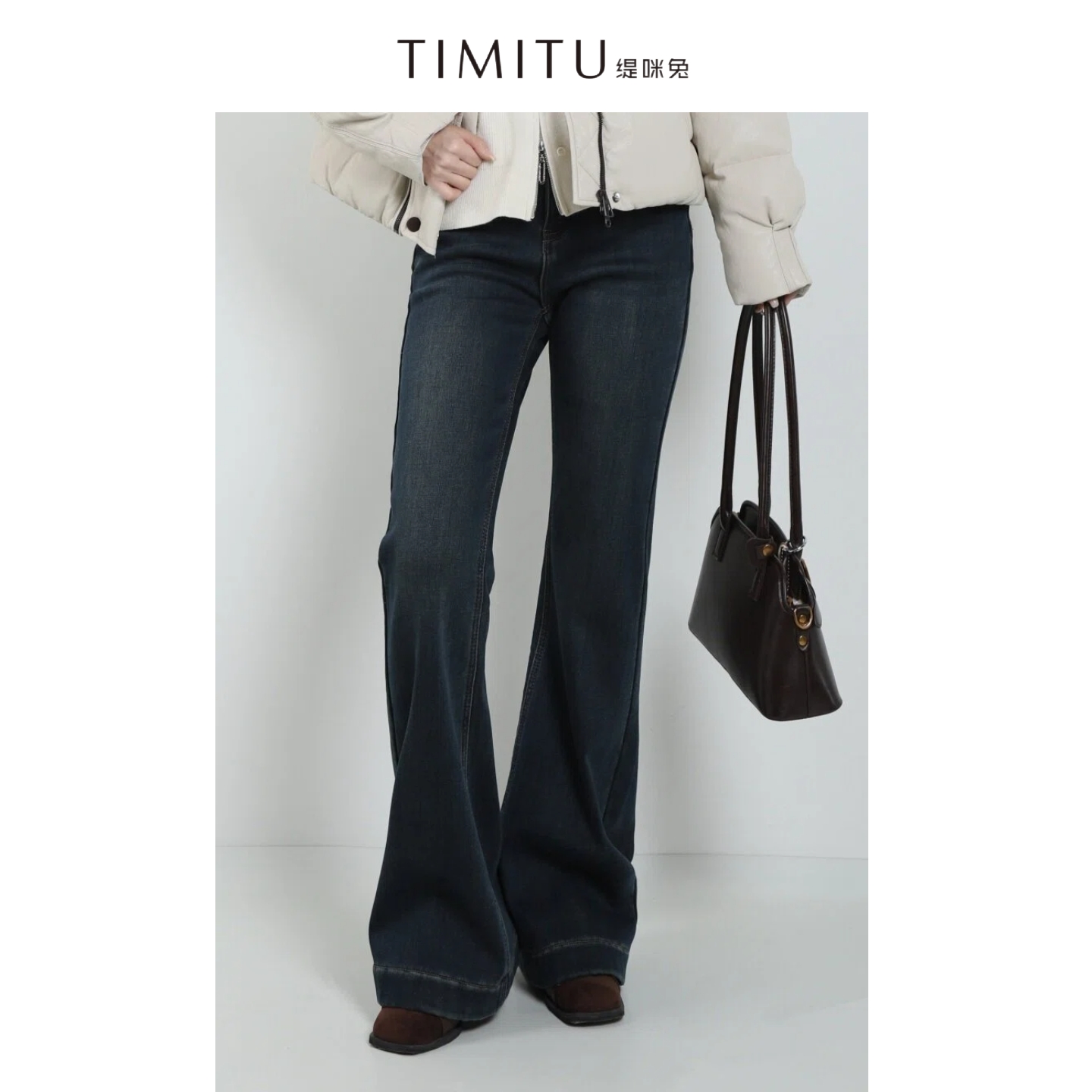 TIMITU缇咪兔简约复古高腰显瘦微喇加绒牛仔裤34429019