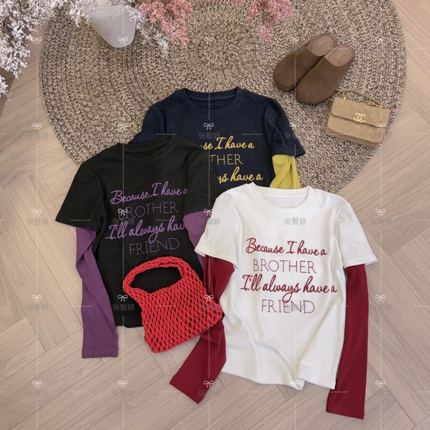 【调色盘】2025年新款加厚双面绒正肩T秋冬设计假两件上衣打底衫女