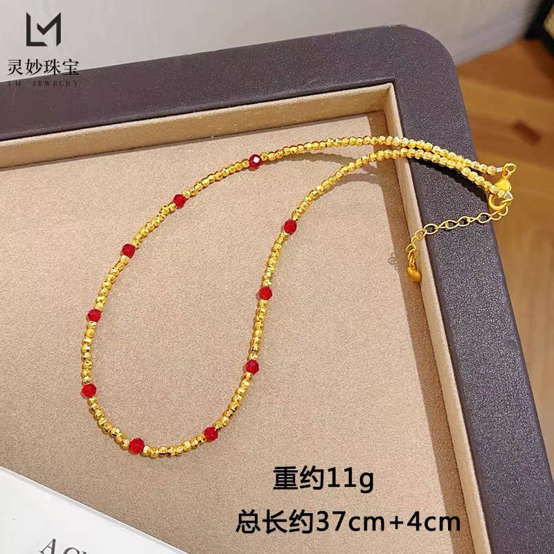 镀K金色镭射蹦迪爆闪红珠珠素圈项链45cm