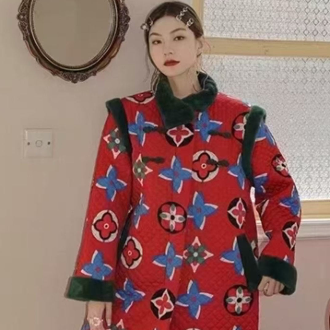 秋冬复古印花可外穿加绒夹棉加厚红色女家居服套装牧羊姑娘冬