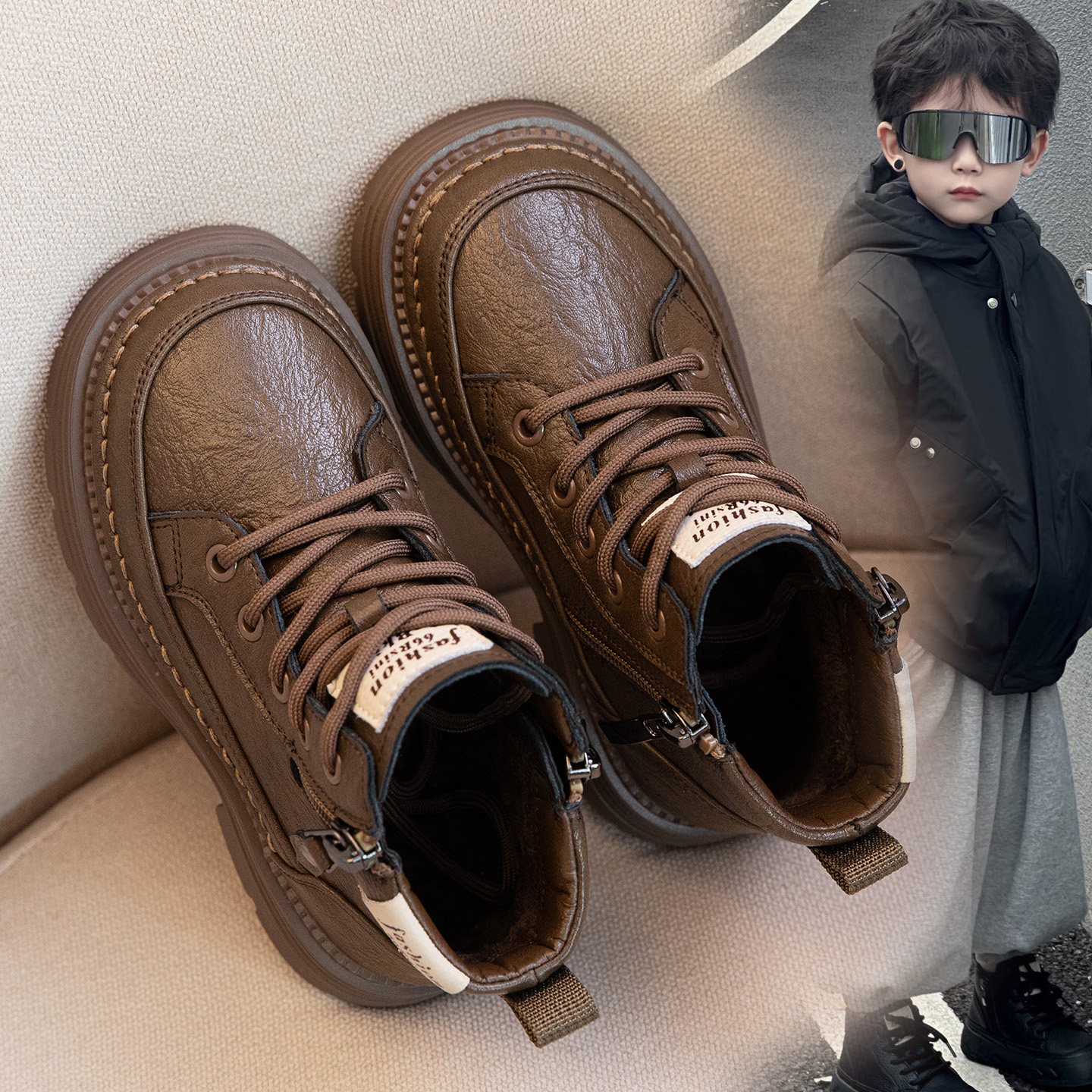 男童秋冬季2025新款加绒爆款真皮高帮马丁靴儿童保暖棉靴宝宝短靴