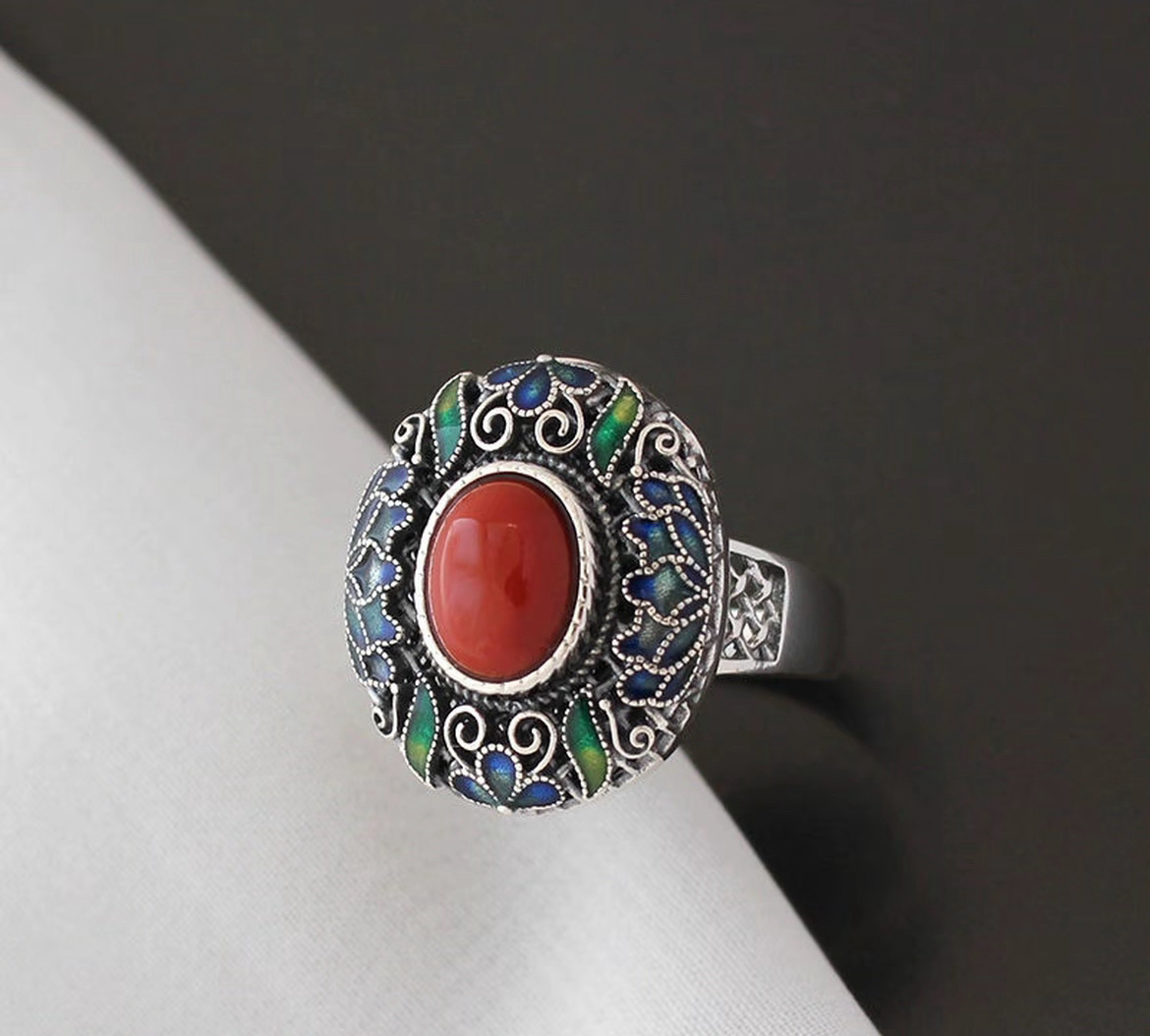 S925通体银镶嵌南红玛瑙戒指掐丝珐琅民族风复古风开口