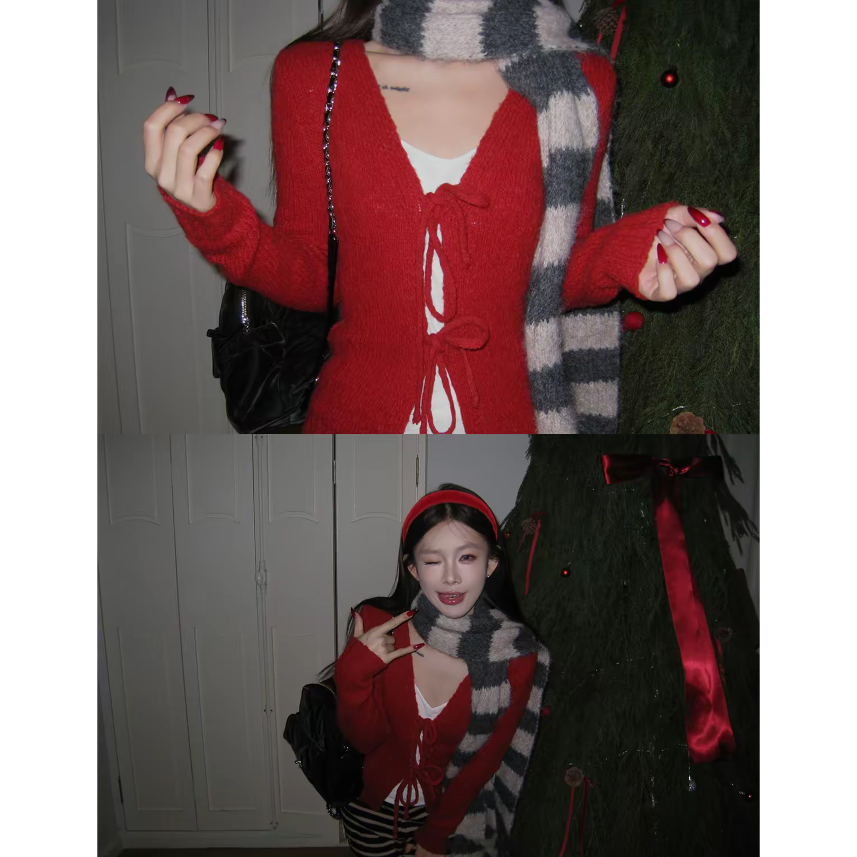 松针莓果”圣诞新年红色V领蝴蝶结系带针织衫 C 9961#