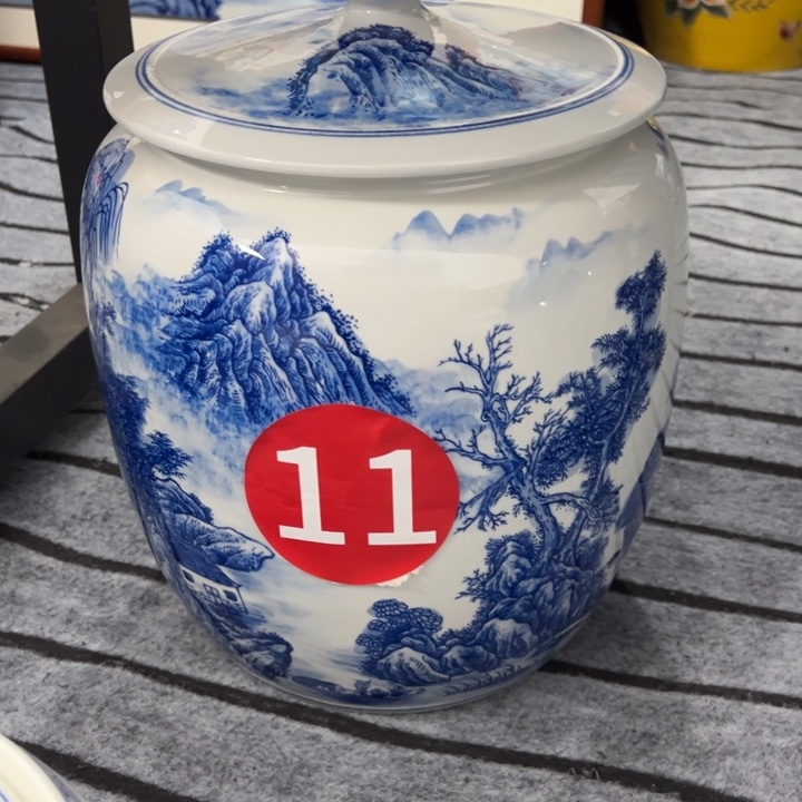 用***1陶青花山水画陶瓷米缸30斤