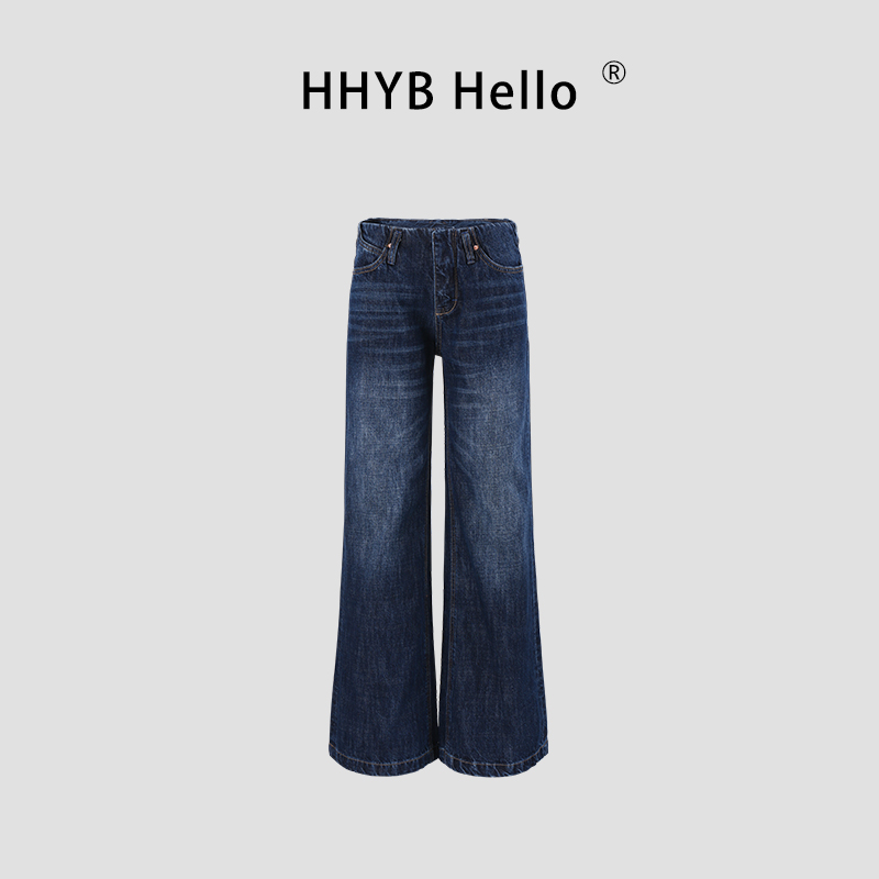 HHYB Hello无腰头设计洗水低腰直筒牛仔裤宽松阔腿长裤Q254303