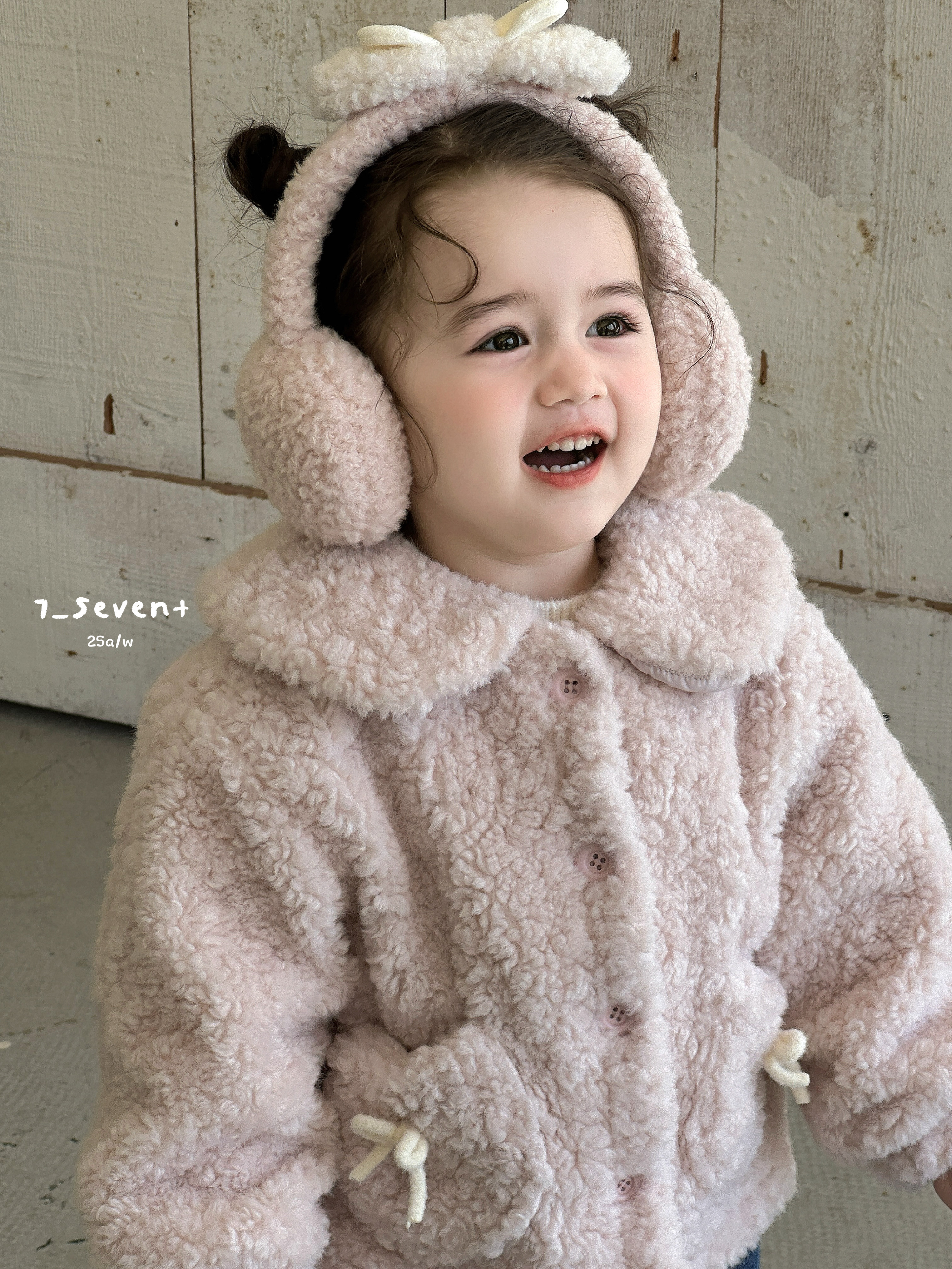 7seven25秋冬女宝粉色毛毛棉服外套耳机装饰两件套可爱保暖百搭