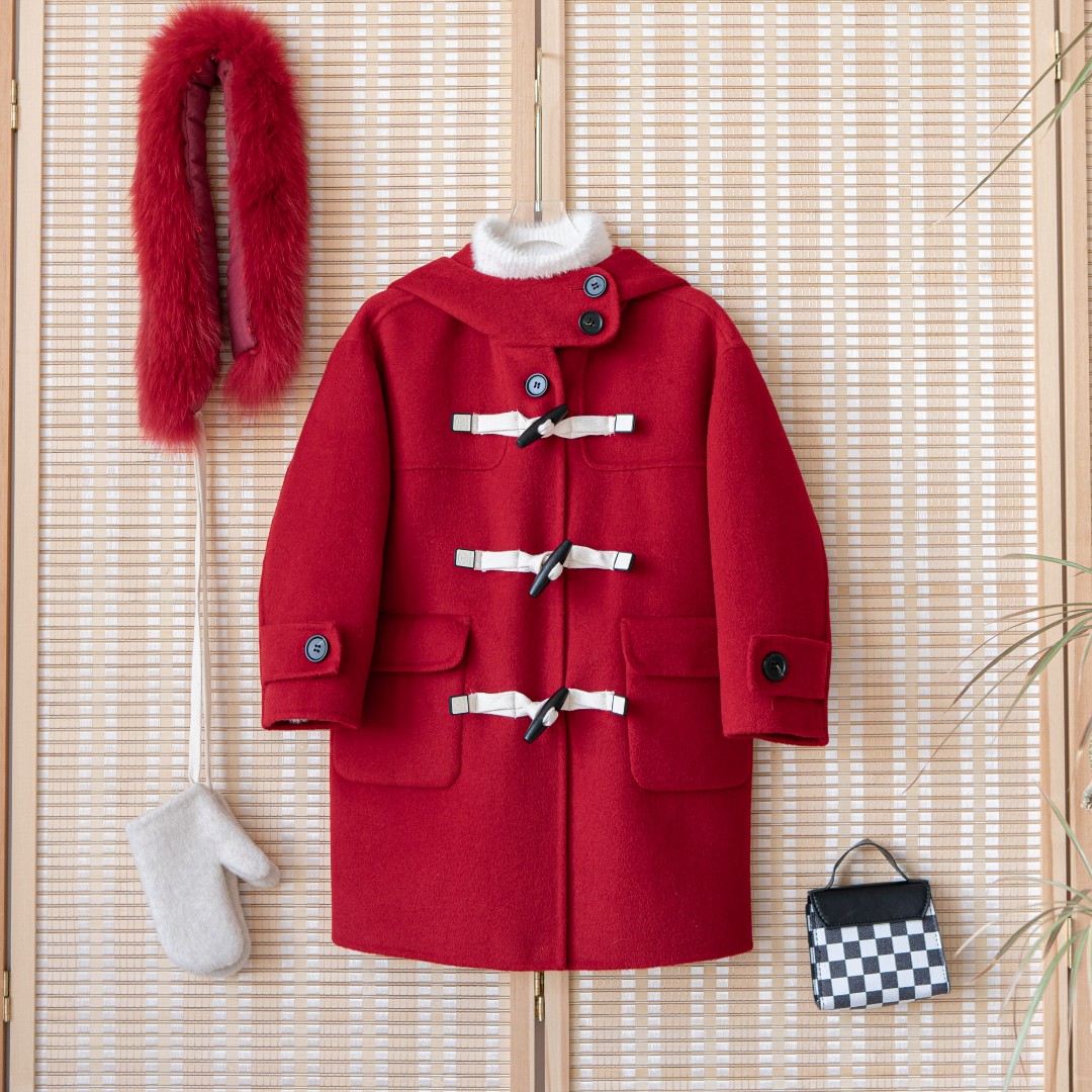 【新年战袍】红色童装双面羊毛大衣休闲时尚连帽中长款纯色品牌-080