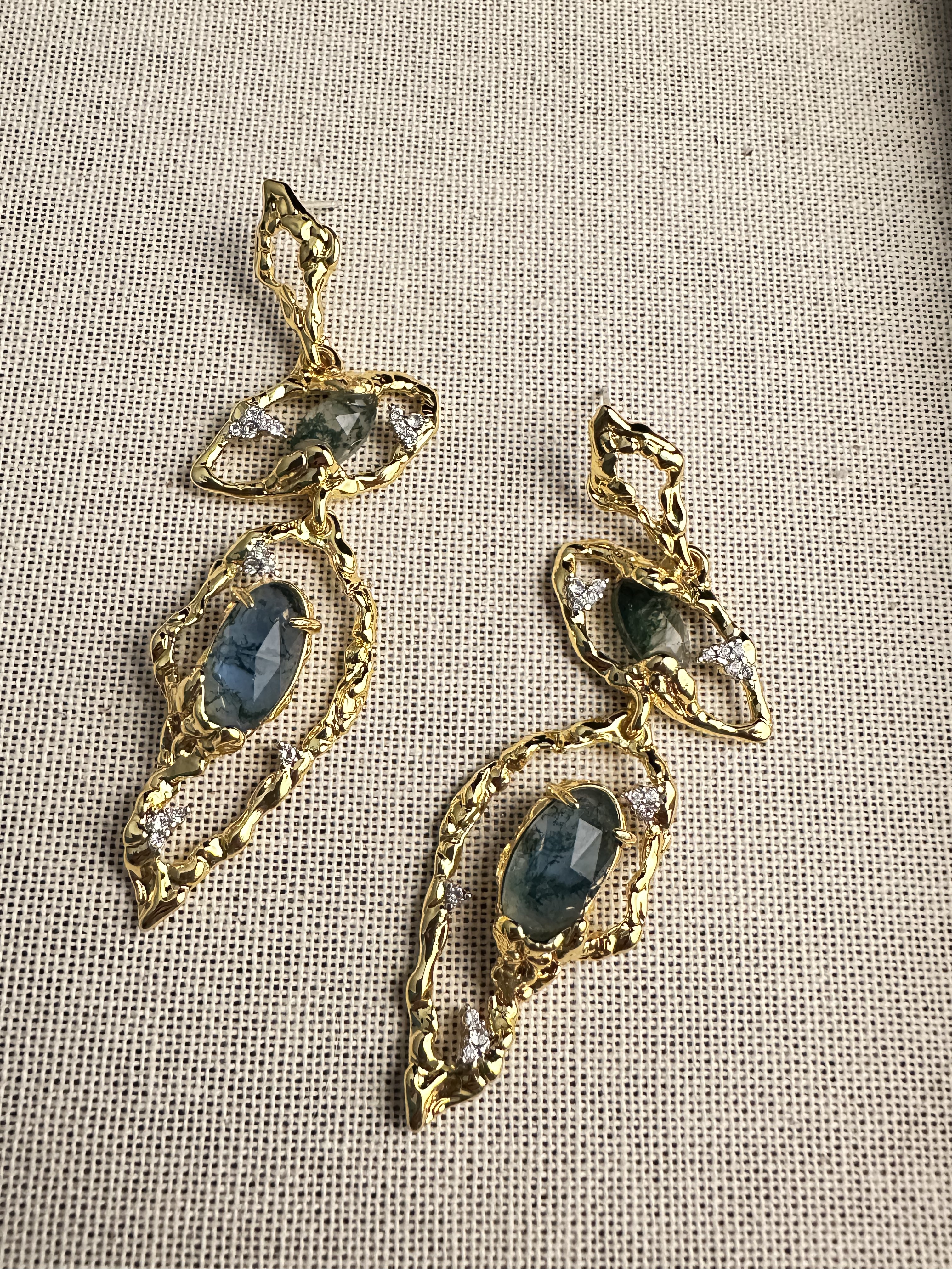 铜合金仿水晶耳饰 中古镀金不规则蓝色石头仿水晶耳饰 E3129