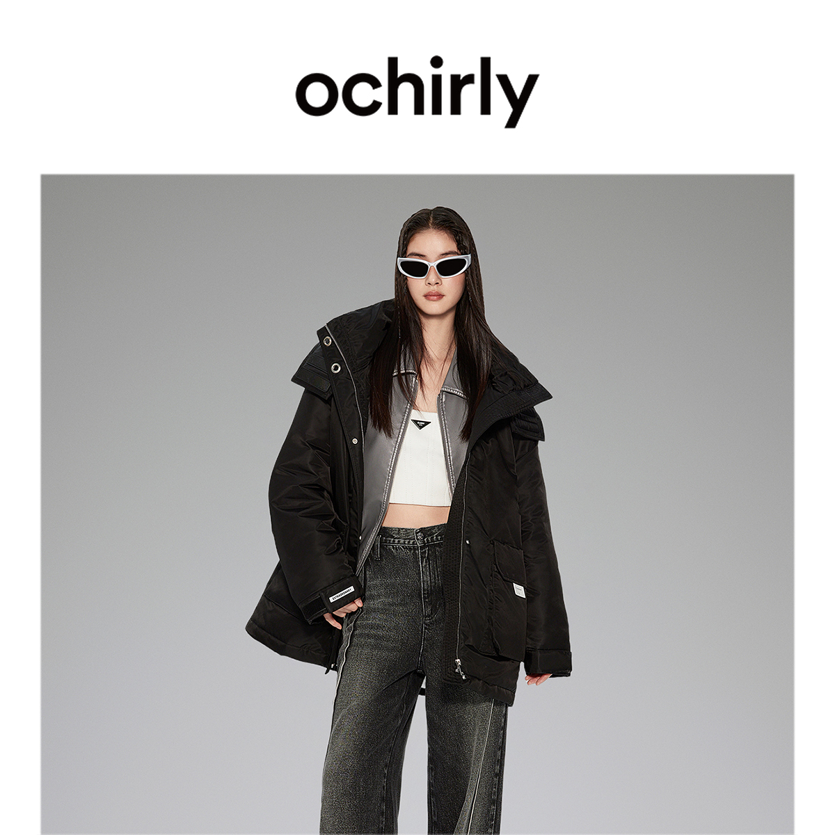 ochirly欧时力机能系列滑雪服羽绒外套连帽中长款