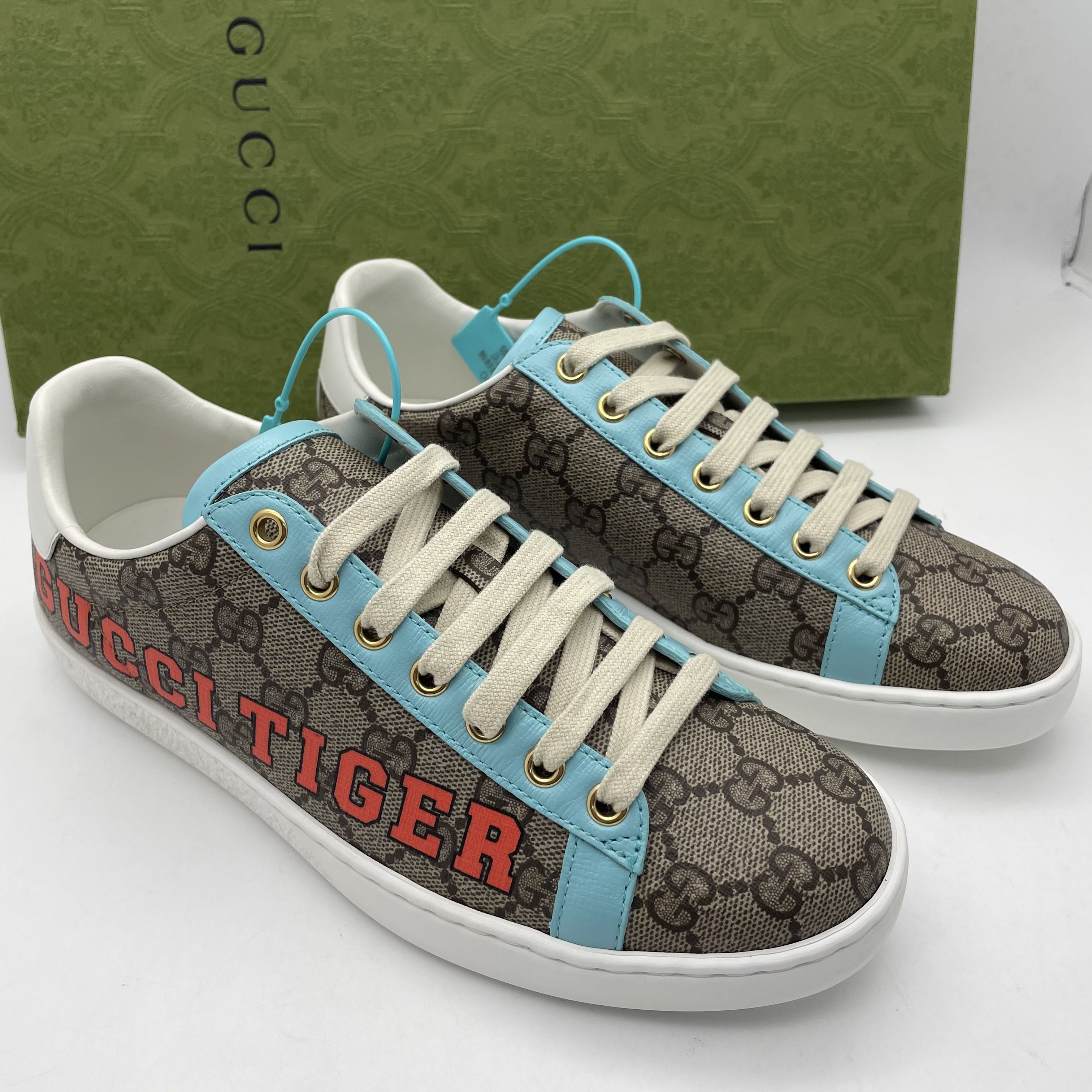 99新 GUCCI/古驰 38欧码/经典时尚蓝色拼接棕色双G系列老花板鞋