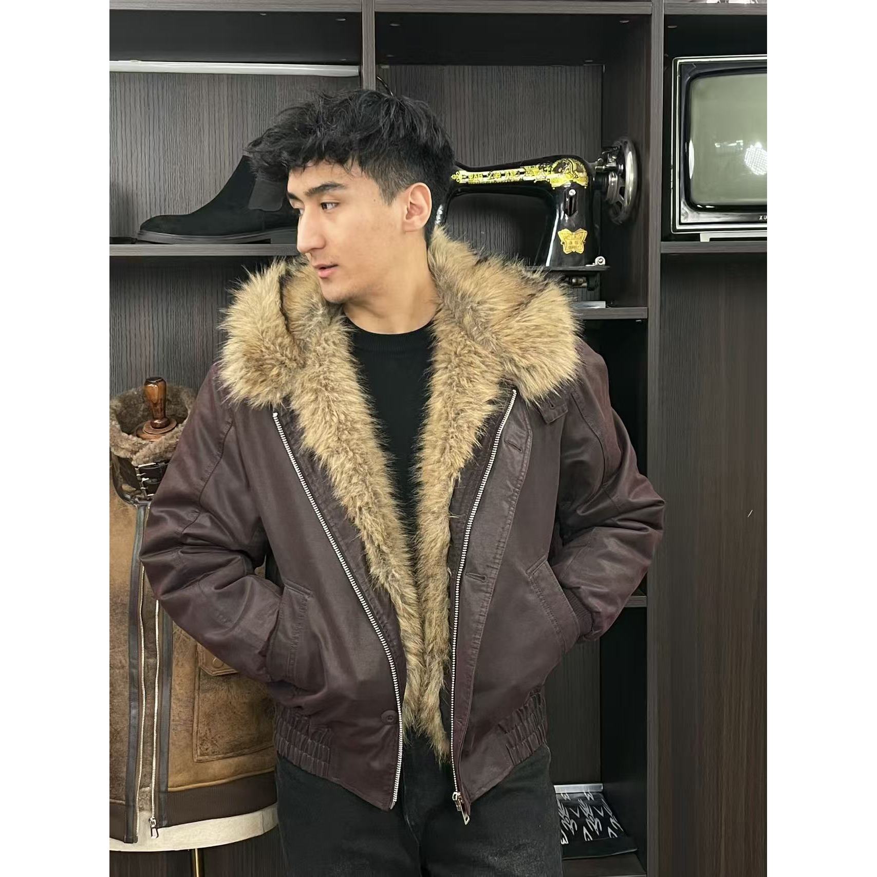 美式高级夹克男款棉服2025冬季新款加绒加厚双面皮毛一体外套