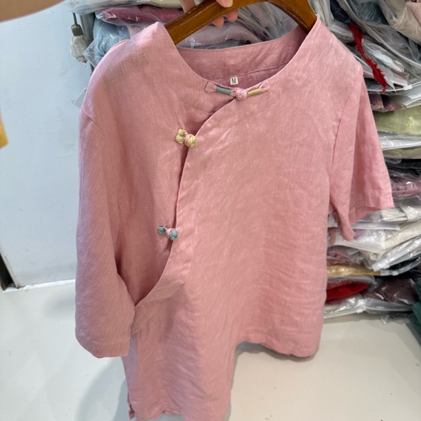 蒋玲【彩虹T】夏季亚麻圆领上衣女亚麻新中式盘扣衬衣茶服上衣女