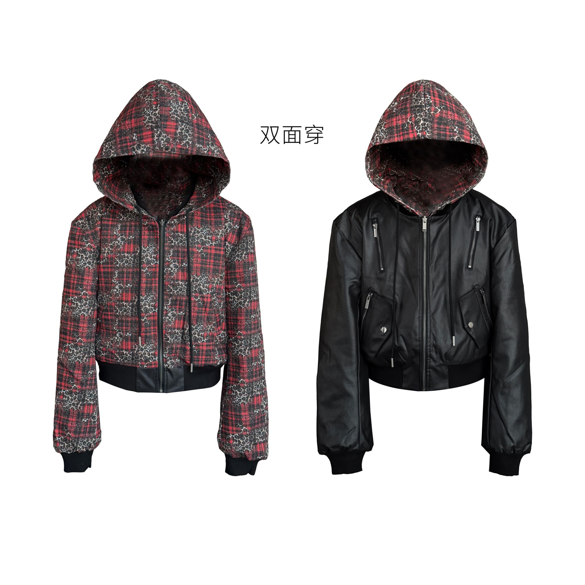 Lightinus 暗黑小众街头双面穿拼接连帽拉链外套短款PU皮夹克