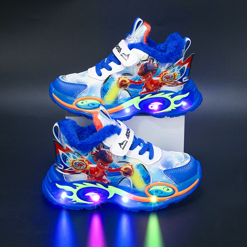 哪吒带灯男童运动鞋2025秋冬新款皮面加绒保暖宝宝软底儿童跑步鞋