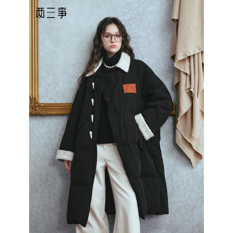 两三事雪国列车中长款羽绒服90白鸭绒女冬季黑色翻领休闲保暖外套