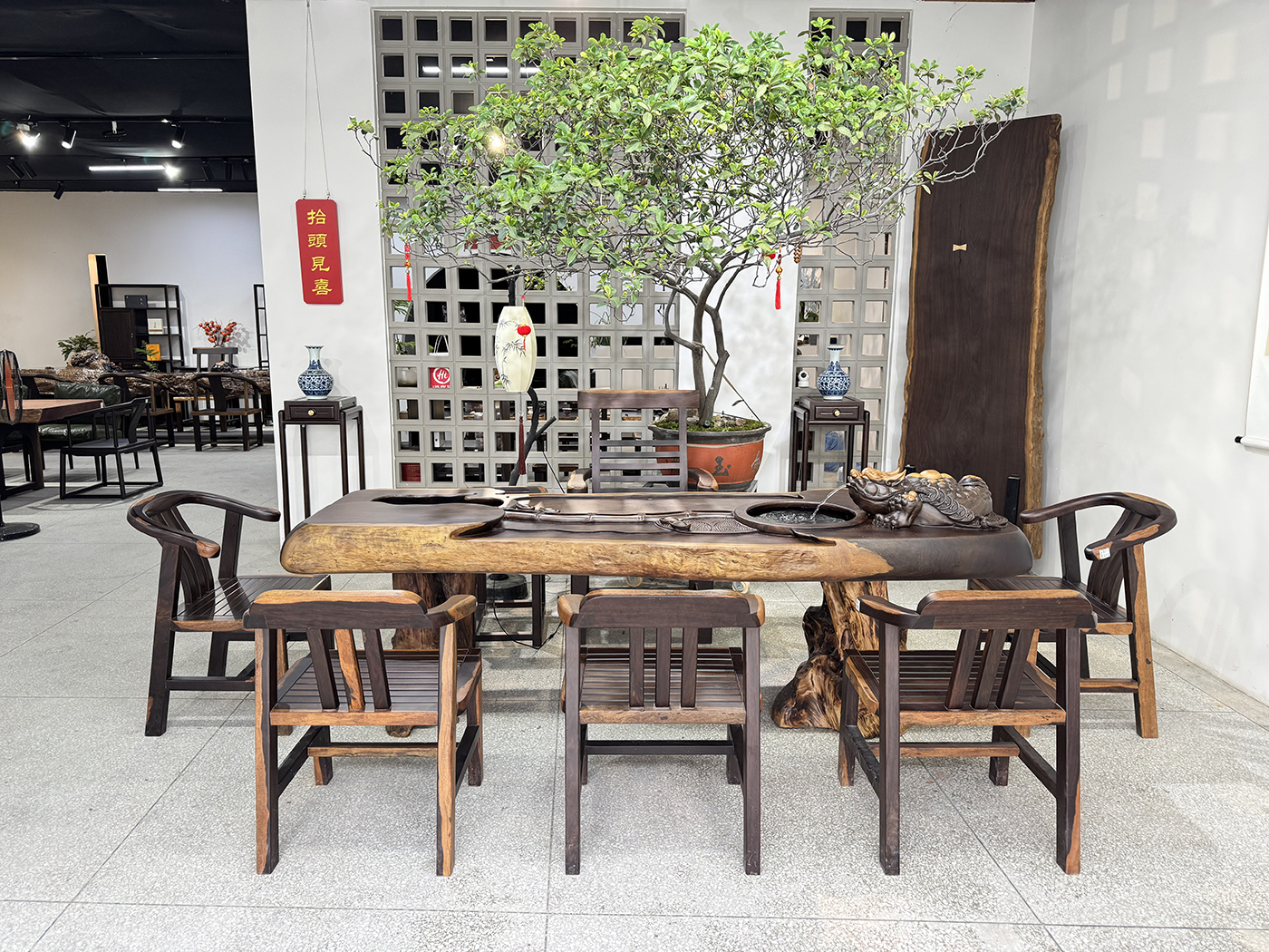黑檀流水茶台 金蟾吐水招财纳福自循环茶桌 实木茶盘255*83*17