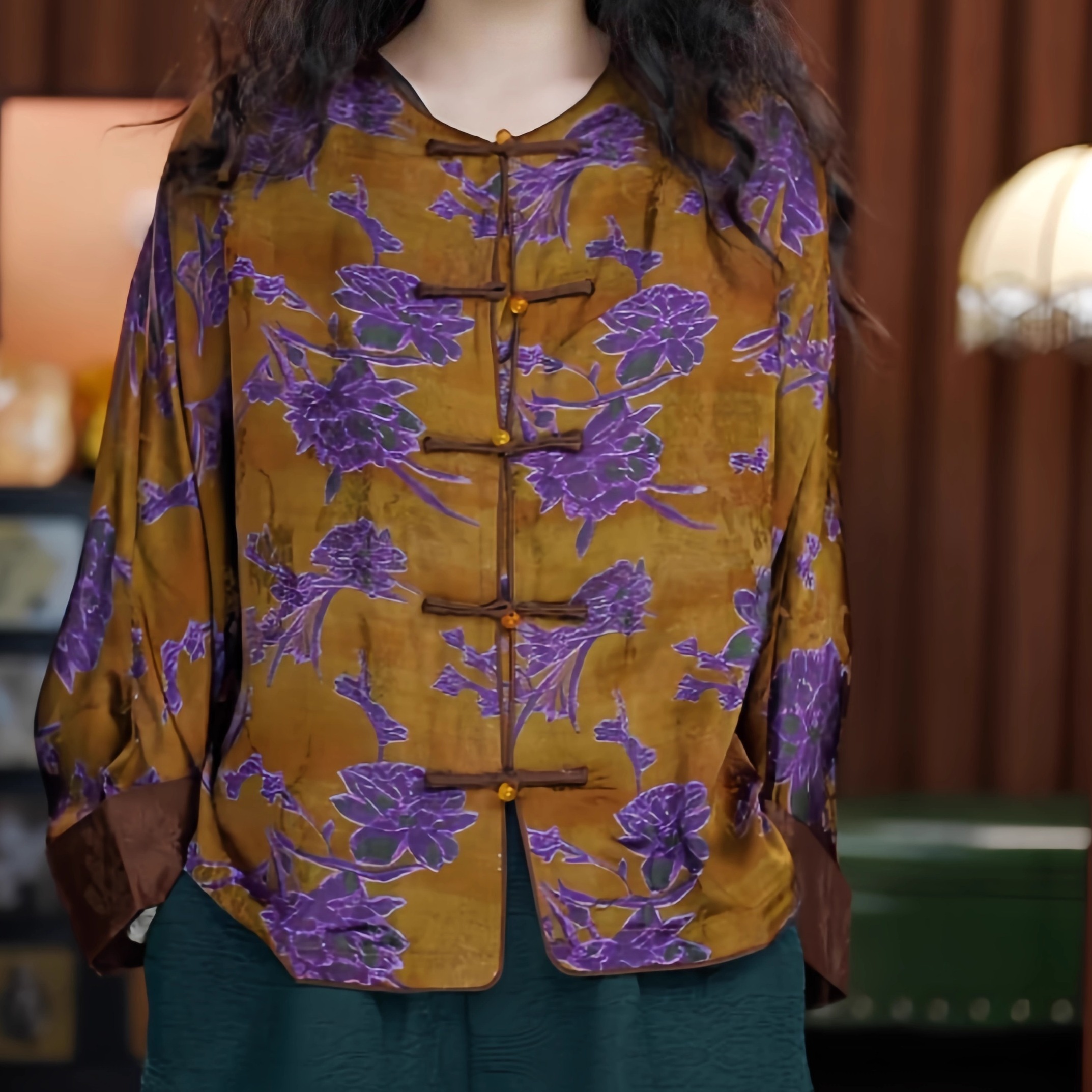 明艳动人（咖啡色）新中式宽松上衣盘扣短袖老料国风开衫