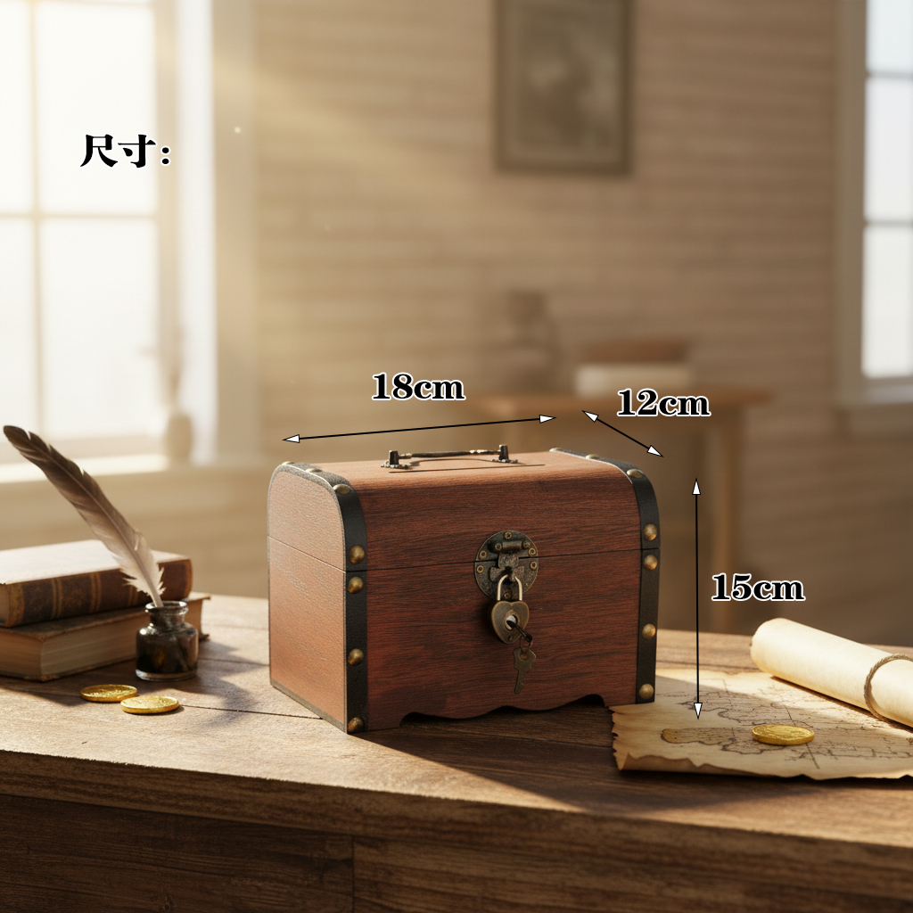 复古风带锁百宝箱首饰杂物储蓄罐防摔网红存钱罐创意木盒子-1
