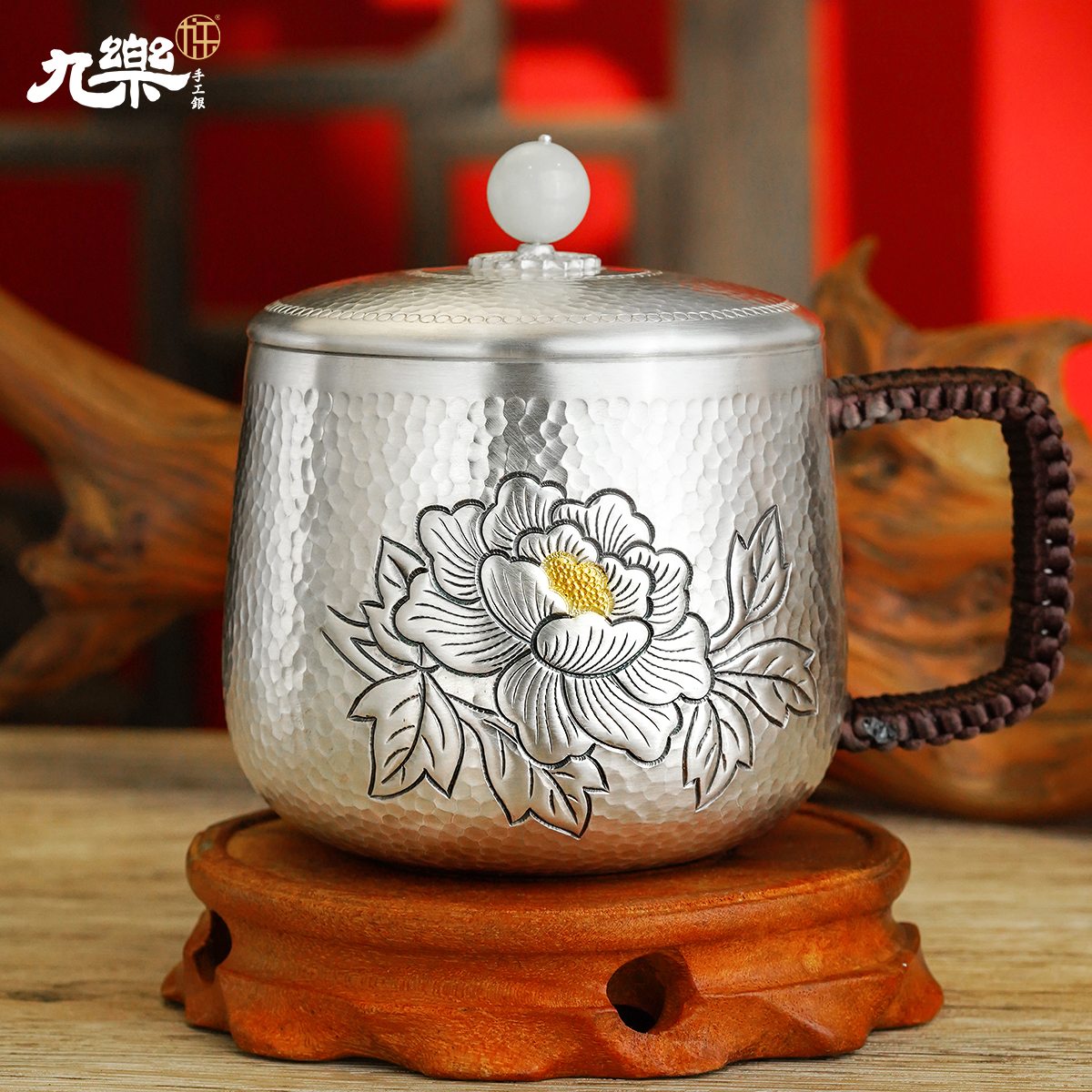 足银银制品 大号锤纹牡丹茶缸杯带盖340克时尚錾刻银杯          