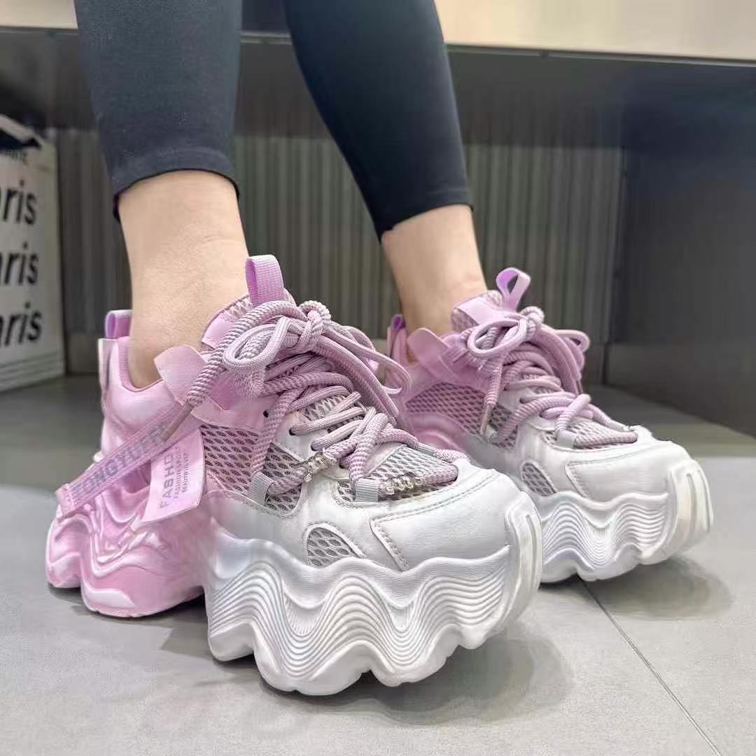 欧货真皮拼色透气松糕厚底老爹鞋女时尚百搭小个子增高休闲运动鞋