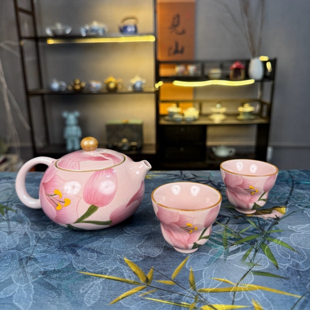 粉百合西施壶配两杯茶具套组泡茶壶茶杯女性高端茶具套装功夫茶具