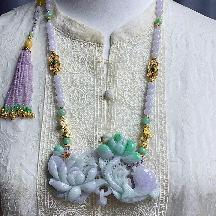 翡翠吊坠(赠链)未镶嵌翡翠雕刻莲年有鱼吊坠锁牌