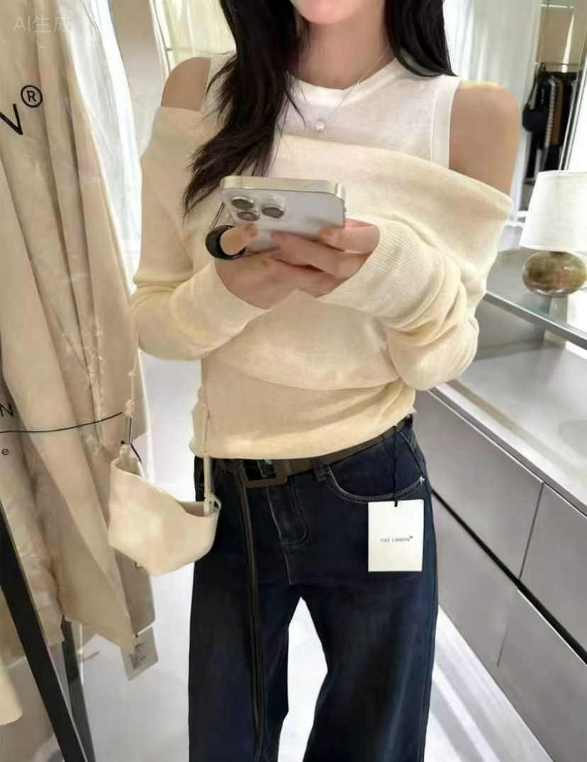 Bai大码【饼干小姐】高级感辣妹路肩假两件氛围感上衣内搭8055