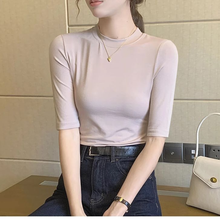皮粉色小圆领中袖纯棉t恤女2023新款冰丝薄款五分袖上衣打底衫