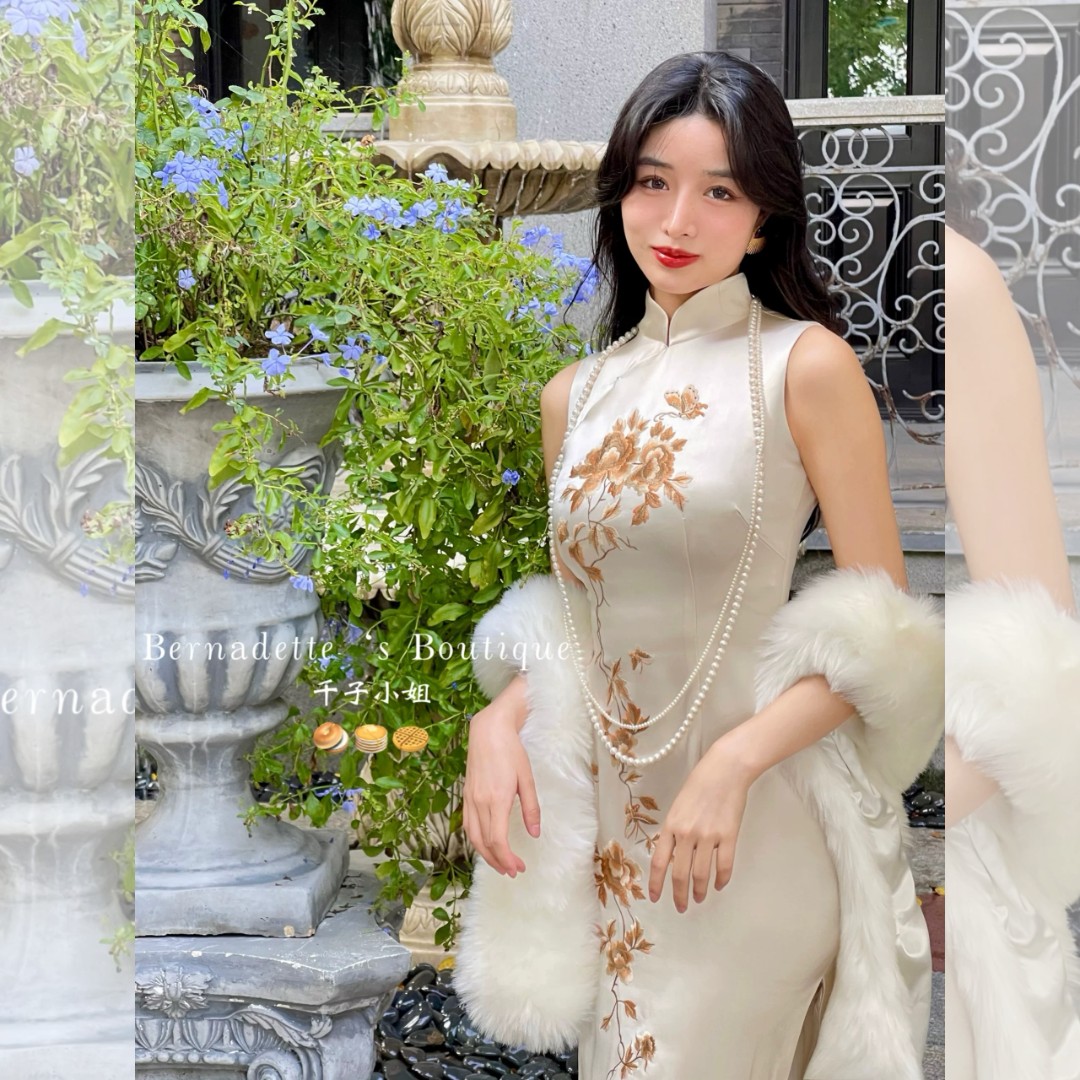 千子小姐「金枝欲孽」东方美学国风牡丹金色刺绣复古醋酸修身旗袍