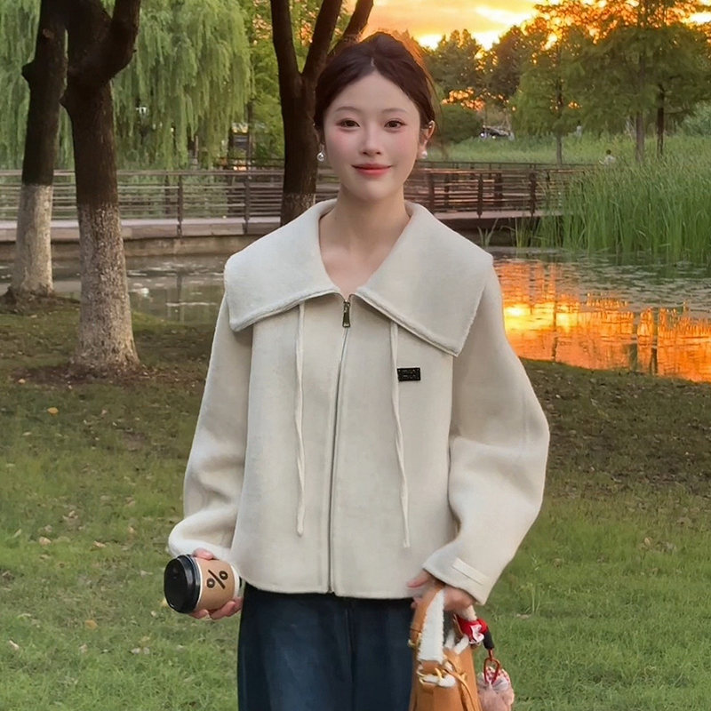 高级感小个子短款娃娃领双面羊毛大衣女秋冬百搭学院风羊毛外套
