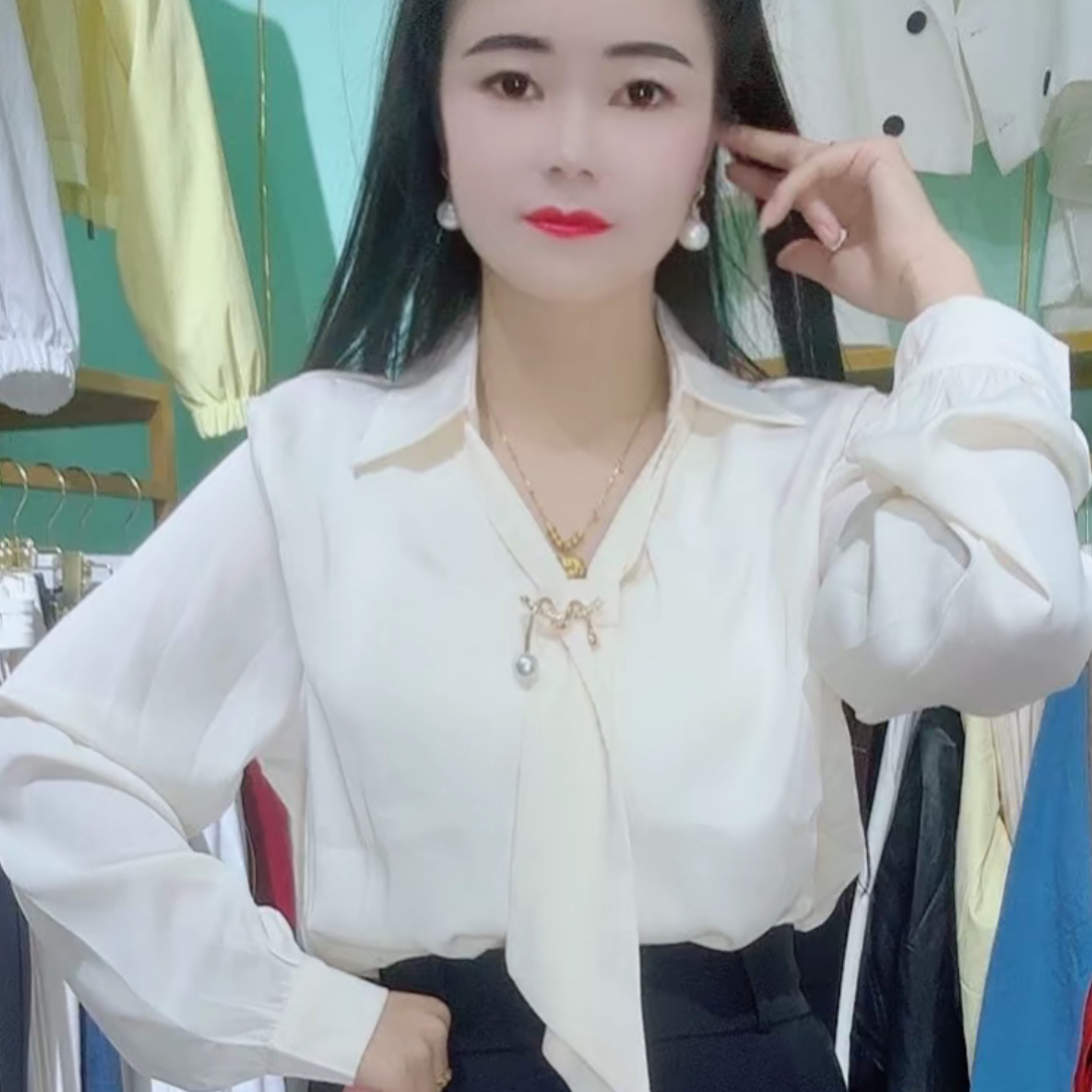 时尚小众设计感V领飘带长袖衬衫女春秋季百搭气质上衣