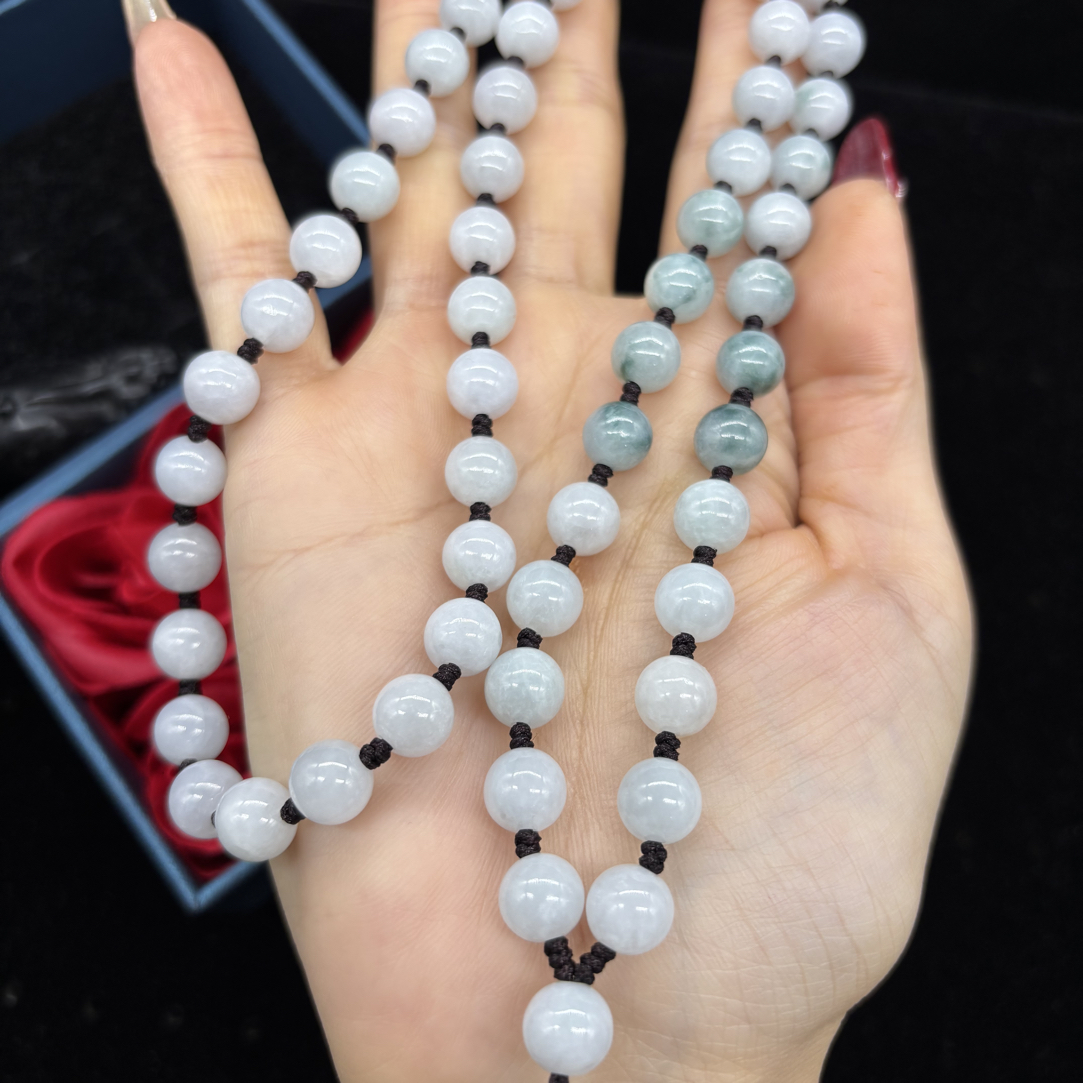 福利天然缅甸A货翡翠飘花圆珠8mm玉石挂件绳毛衣链珠链长链百搭款