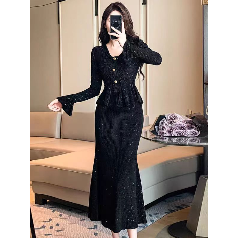 W112  秋季新款时尚套装气质长袖上衣鱼尾半身裙两件套