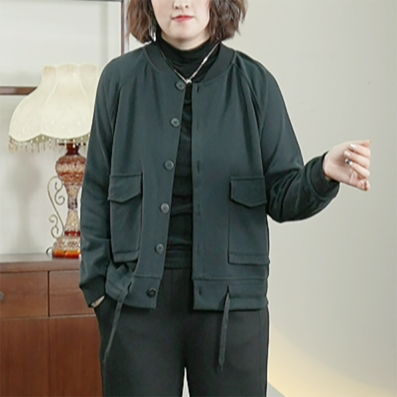 螺纹圆领短款外套大口袋百搭大码宽松显瘦休闲时尚夹克女秋季新款