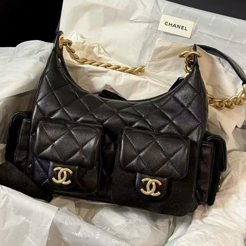 未使用 Chanel/香奈儿 黑金嬉皮包hobo小号 芯片款 单肩包