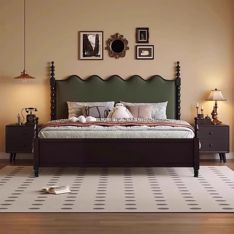 法式复古实木床1米8黑色双人床美式轻奢主卧1.5米绿色软包单人床